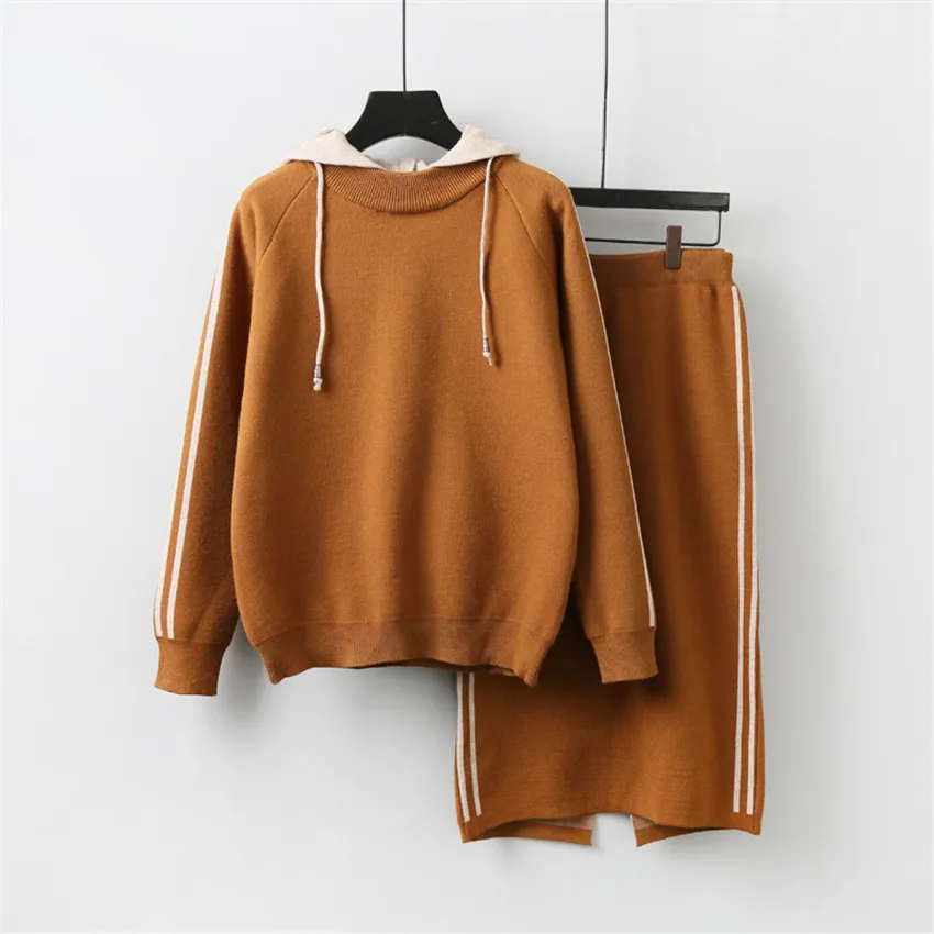 Gowyimmes Autumn Two Piece Women Knitted Sweater+Split Skirt Lady Long Sleeve Hooded Sweaters Tops Female Winter Bottomings 479 | Женская