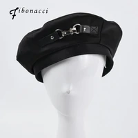 fibonacci new hats for women beret female black satin punk metal buckle berets british retro painter hat unisex solid beanie cap