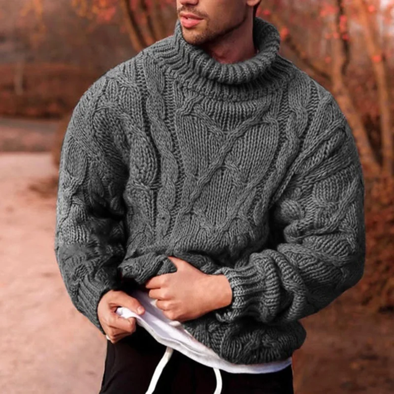 Модный мужской осенний свободный свитер корейской версии с высоким воротником вязаный однотонный плотный теплый свитер мужской повседнев...
