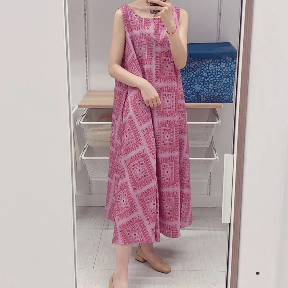 

Summer 2021 Korean Fashion Sleeveless Round Neck Japanese Style Long Women's Dress Simple Printing Loose Casual