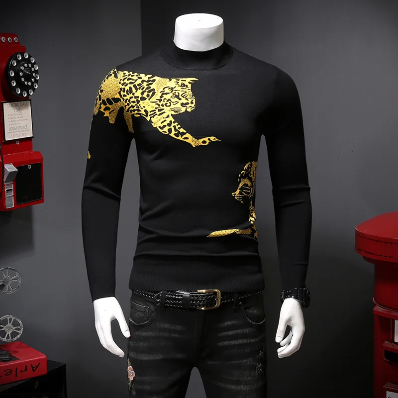 

New 2020 Men Luxury gentleman Cotton Jacquard leopard Casual Sweaters pullover Asian Plug Size High quality Drake #N370