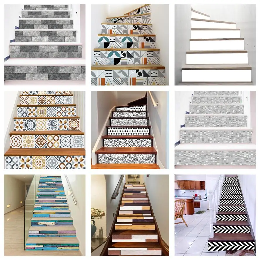 

13 PCS White Grey Staircase Upholstery Stairway Decal Stickers Self-Adhesive Vinyl Riser Stair Sticker 3D Wallpaper Stairs Decor