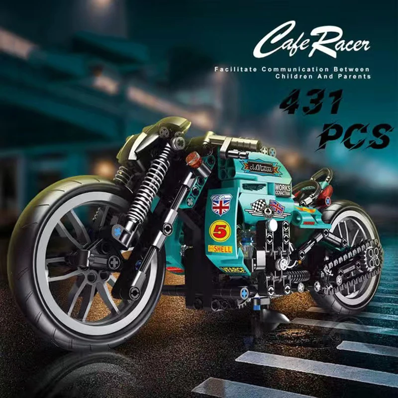 

High-tech Cafe Racer Motorcycle Model Building Blocks Moc Modular Speed Champion Car Bricks DIY Toys for Boy Children Xmas Gifts