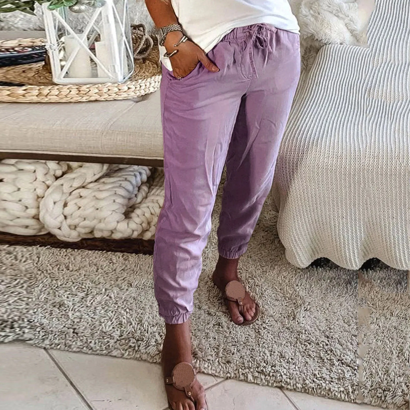 

Women's Trousers Summer Pants Bottoms With Pockets Trousers Drawstring Long Pant Comfy Simple Casual Pantalon Femme Dropshipping