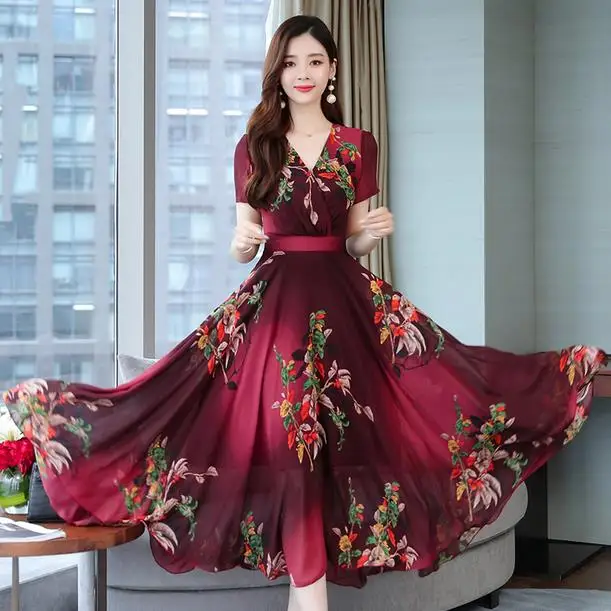 Женское Элегантное летнее платье с коротким рукавом v образный вырез цветочный