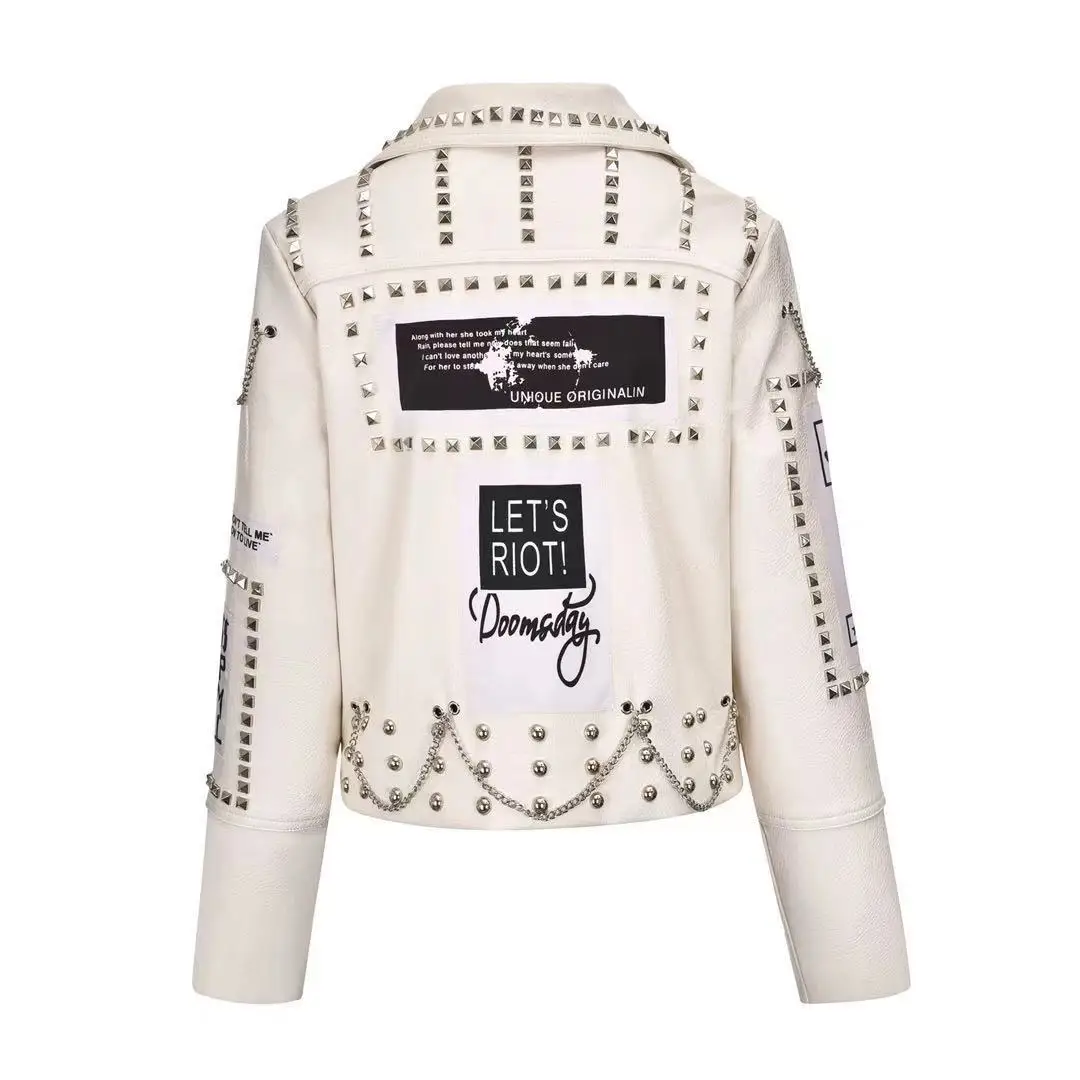 Women's fashion short leather jacket short white rivet jacket pu women jacket