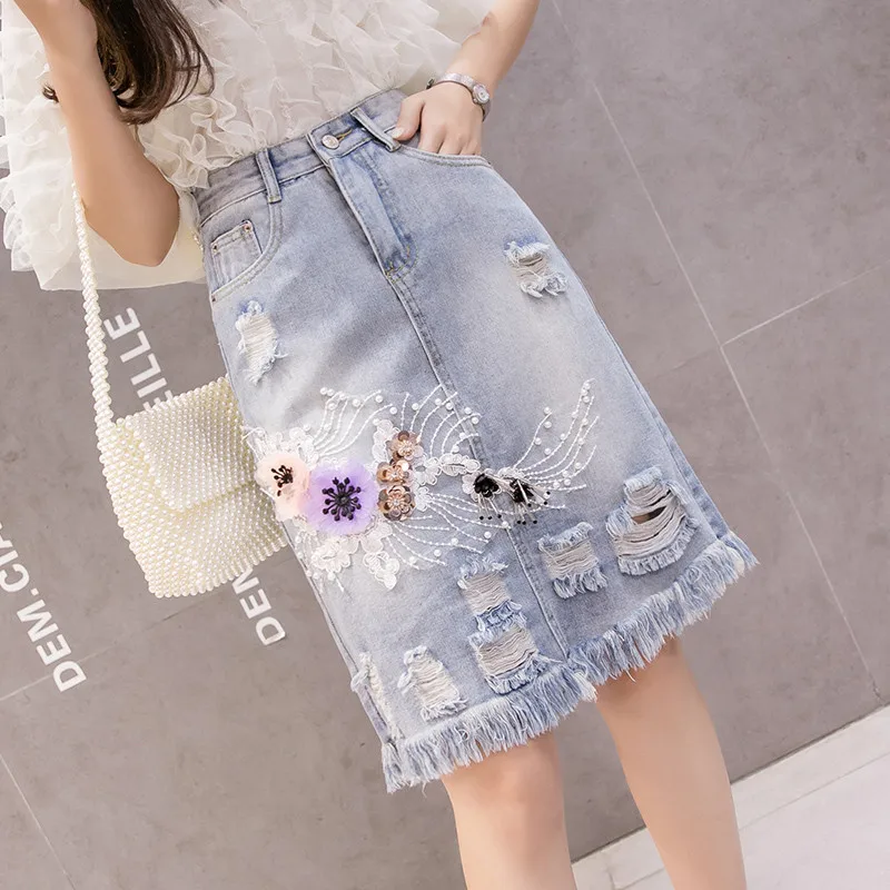 

Женская джинсовая юбка с бахромой, винтажная облегающая юбка с цветочной вышивкой и высокой талией, лето-осень