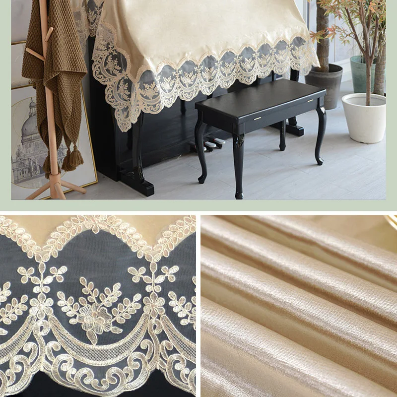 

European Lace Velvet Upright Piano Cover Keyboard Dustproof Cloth Champagne Full Protect Embroidered Elegant Soft Piano Towel