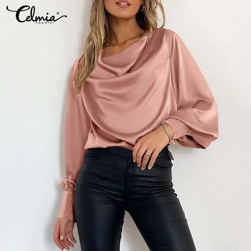 

Celmia Solid Cowl Neck Satin Blouses Fashion Femininas Women 2021 Autumn Shirts Lady Long Lantern Sleeve Casual Elegant Tops