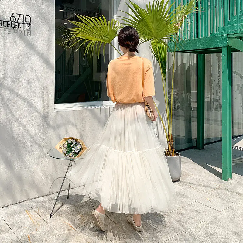 

2020 New Spring Women Sweet Ball Gown Ankle Mesh Skirts Princess High Waist Ruffled Vintage Tiered Tulle Pleated Ins Skirts X284