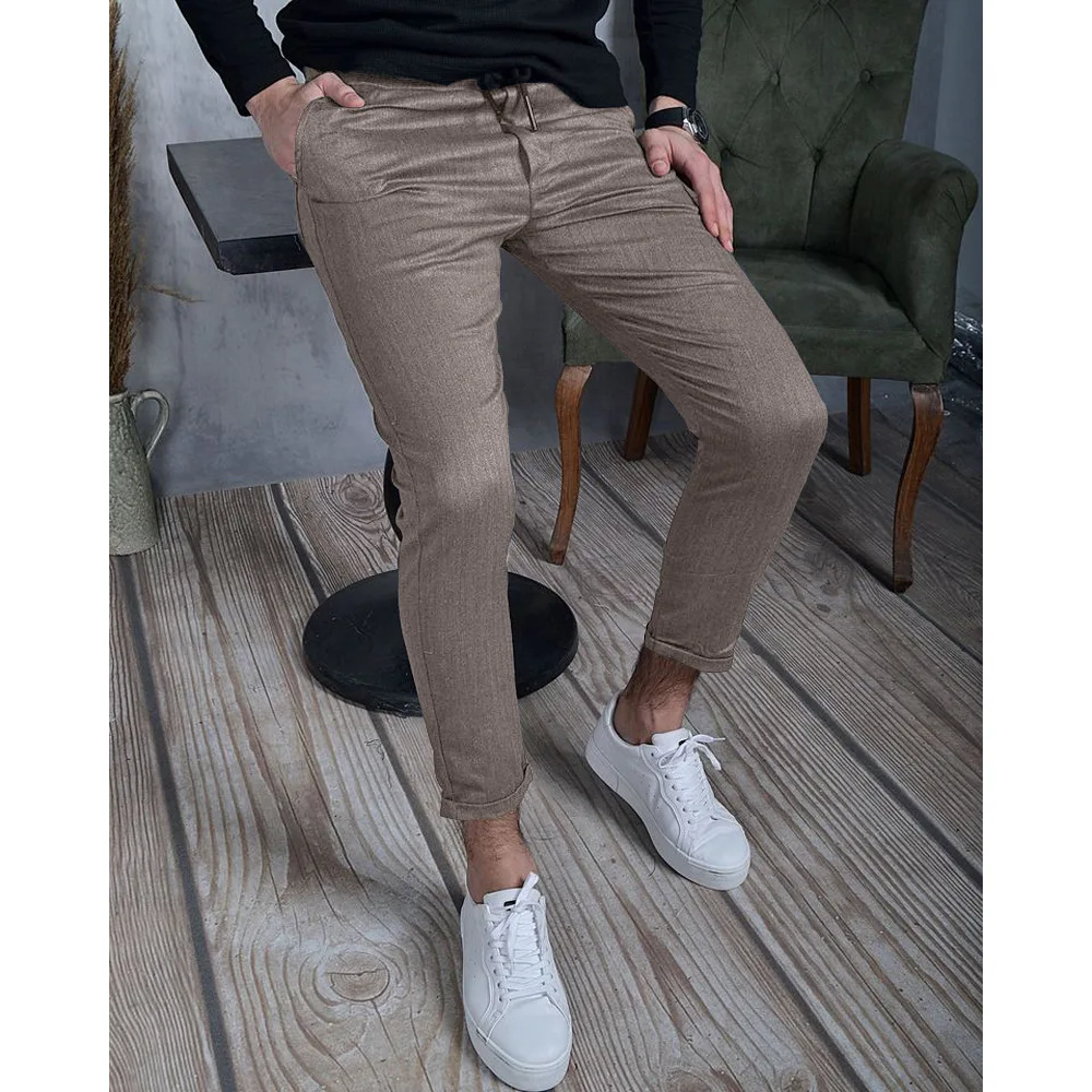 

New Fashion Men Trousers Casual Pencil Jogger Spring Autumn Business Office Skinny Slim Fit Plaid Zipper Long Pant Trousers 3XL