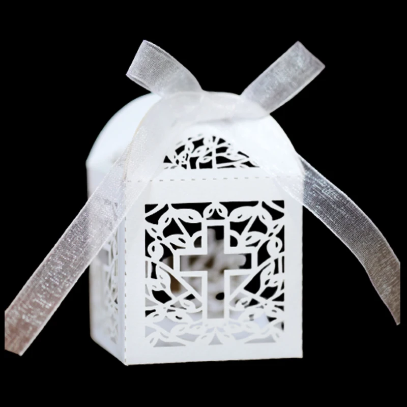 50Pcs Cross Laser Cut Wedding Bridal Favors Gifts Box Hollow Religious Candy Boxes With Ribbon Baby Shower Wedding Party Decor