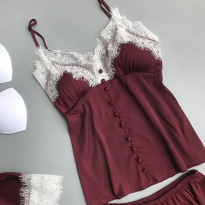 

Three-piece pajamas women chest pad sexy suspenders shorts pajamas home service fashion suit lounge set sexy nightware