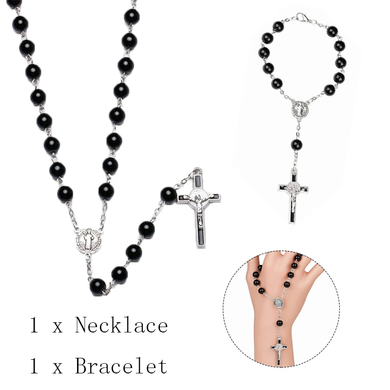 

2021 2 PCS/Set Black Cross Pendant Religious Necklace Dripped with Oil Cross Rosary Bracelets Jewellery Set For Women