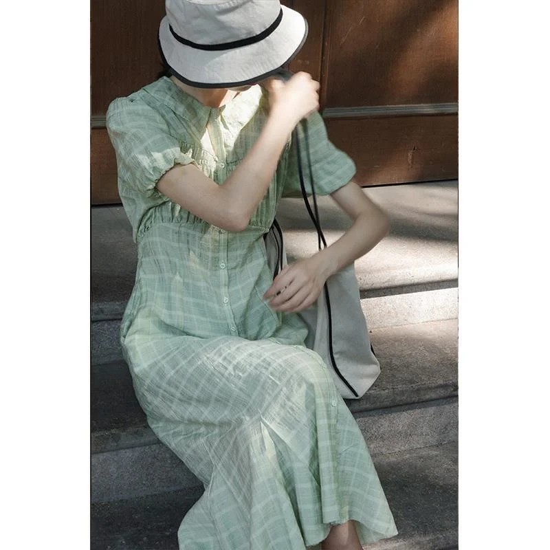 

French Tea Break Retro First Love Plaid Green Dress Stitching Polo Skirt Puff Sleeve Shirt Dress for Women Summer