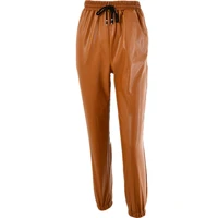 vintage drawstring pu leather joggers pants women harem trousers solid color high waist long pants elegant sweatpants brown