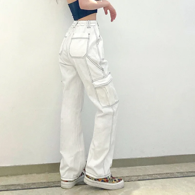 Street Wear High Waist Straight Leg Jeans Women Loose Fit Patchwork Denim Pants Black White Blue Casual Cargo Pocket Trousers