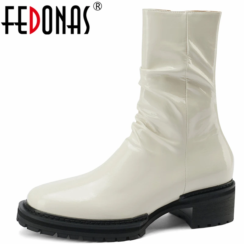 

FEDONAS Patent Leather Women Ankle Boots Fashion Concise Stretch Boots Thick Heels Autumn Winter Side Zipper Shoes Woman Casual