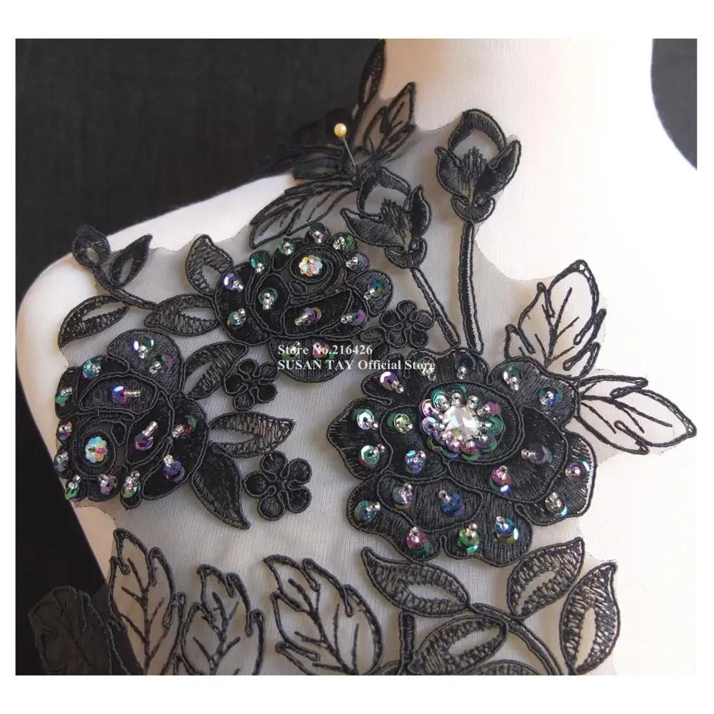 1 шт. х Новая длинная ручная работа черная вышито бисером с блестками 3D цветок
