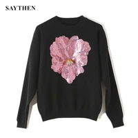 saytehn new 2021 spring europe street style women knit sweater sequins 3d big flower beading knitwear pullovers