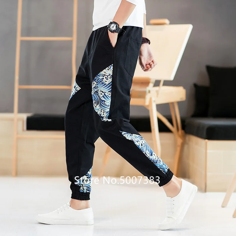 New Japanese Style Kanagawa Linen Loose Feet Pants Large Size Fashion Men's Printed Harem Trousers Elastic Waist Plus | Тематическая