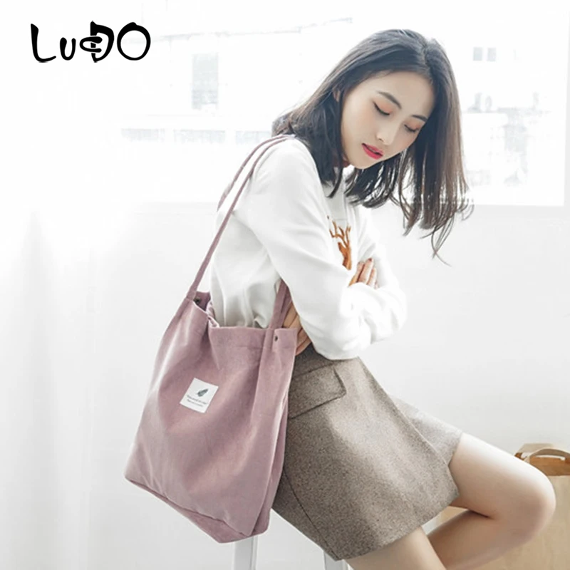 

LUCDO Women Tote Female Casual Shoulder Bag High Capacity Foldable Reusable Corduroy Shopping Bag for Girl Ladies Canvas Handbag
