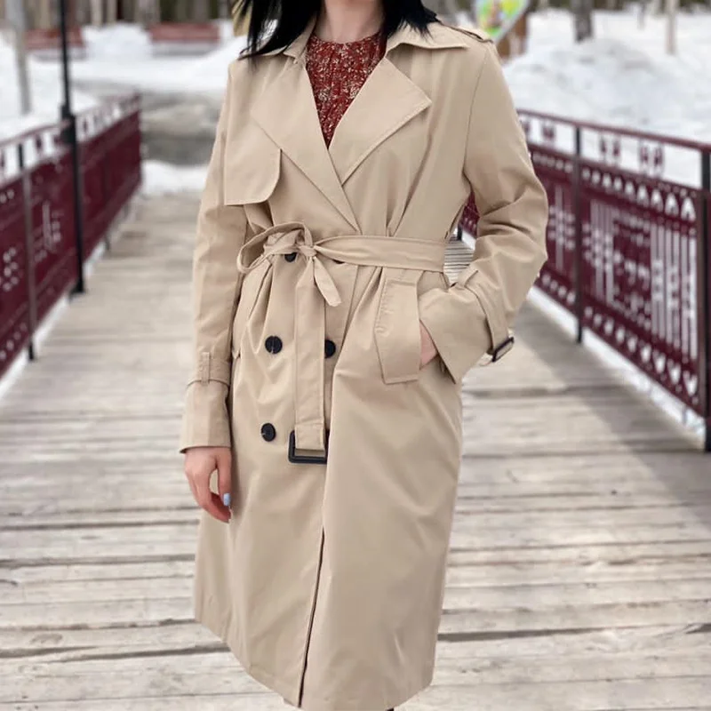 

Women Coat With Belt Best Turn-down Collar Full Sleeve Slim Double Breasted Winter Jacket Office Lady Long Trench Outwear