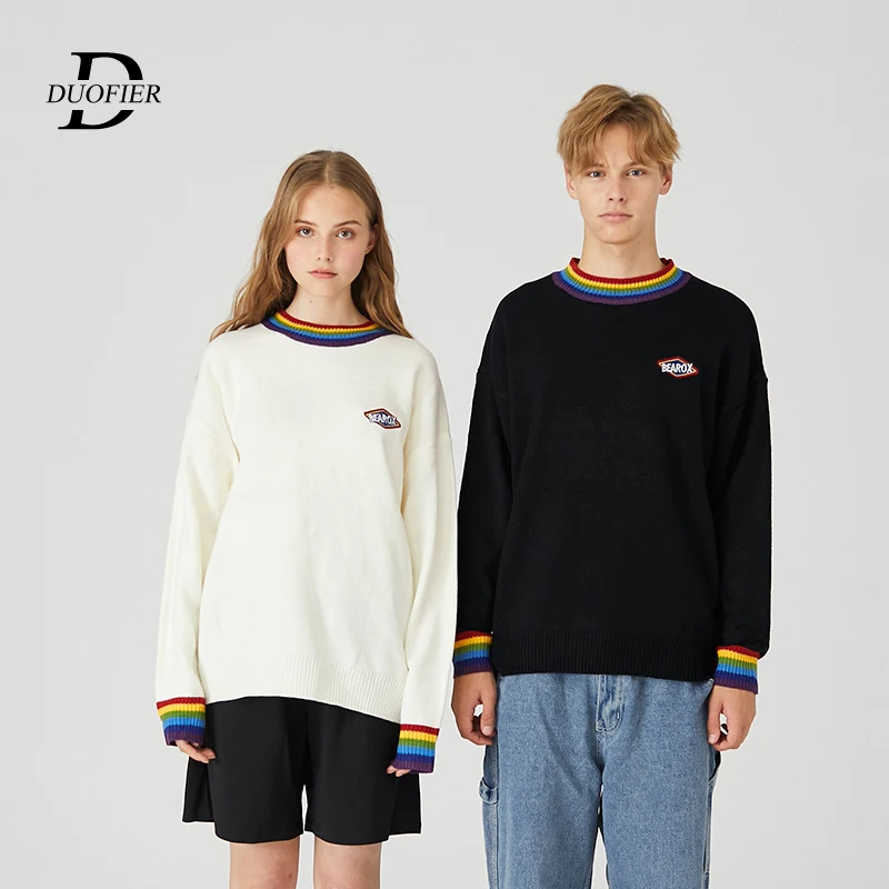 

Sweaters Men Fashion Rainbow Collar Men And Women Pullover Harajuku Retro Style Couple Sweater Loose Knit Trendy Streetwear 2021