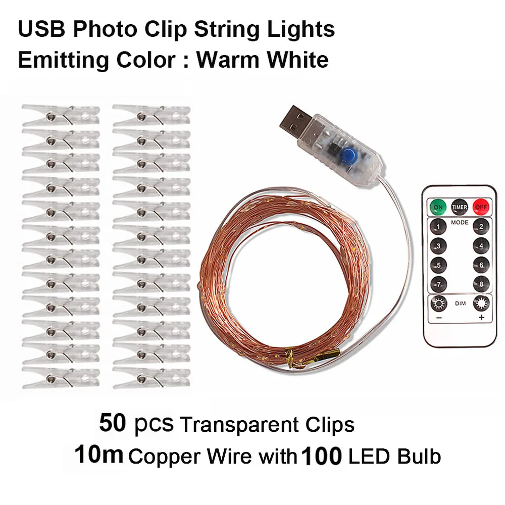 10m 100 LED USB Гирлянда на батарейках 10 м 100 светодиодный Сказочный свет Батарея фото клип медный провод гирлянды USB гирлянда уличнаясветодиодный светильник Свадьба Рождество открытый декоративный гирлянда лампочки светодиодная ги - Испускаемый цвет: 10m 100 LED USB
