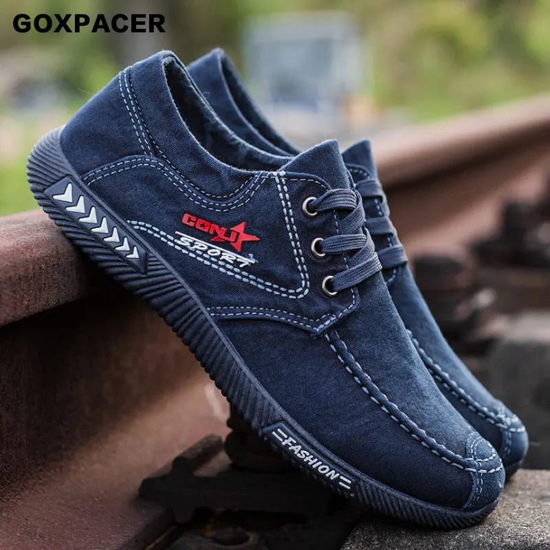 Осенняя парусиновая обувь GOXPACER 2019 Мужская Тканевая на шнуровке джинсовая с