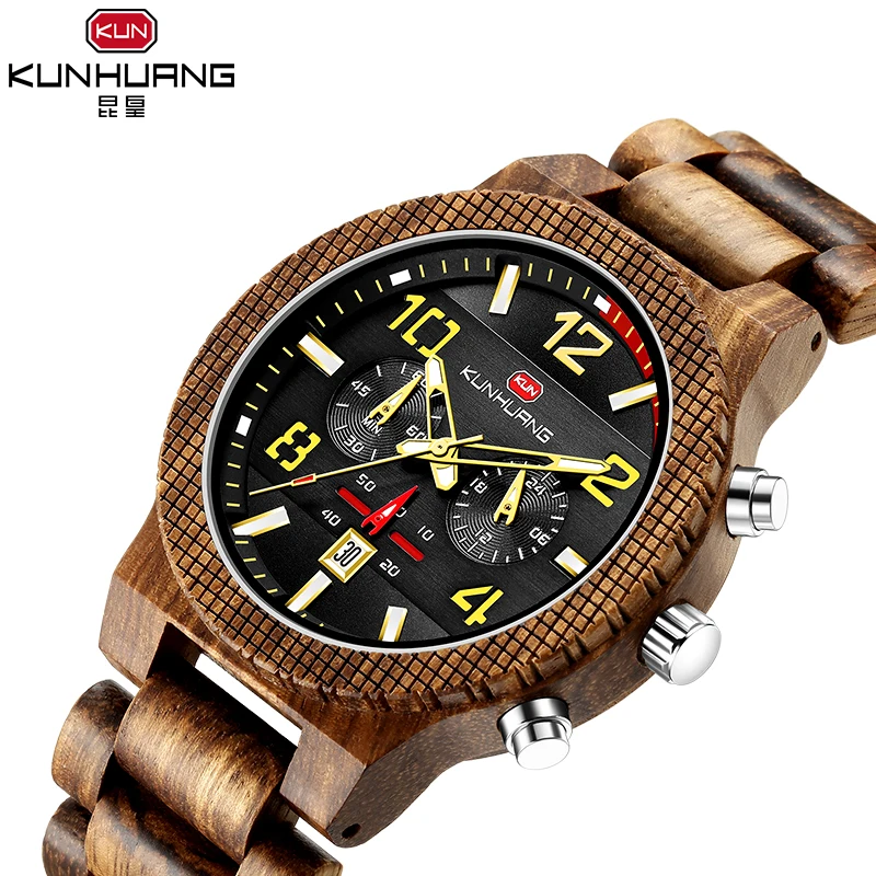 Kunhuang 1015 хронограф указатель деревянный relogio masculino античный модный материал
