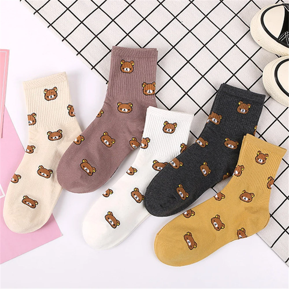 

Spring Winter Women's Cotton Tube Sokken Fashionable Bear Socks Cute Cartoon Five Colors Female Socks Harajuku Christmas Gift