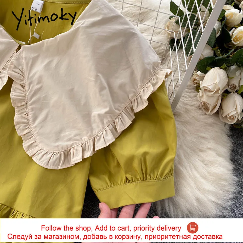 

Yitimoky Fashion High Waist Dresses Women Puff Sleeve Ruffles Contrase Color Spliced Peter Pan Collar A-Line Clothes 2021 Summer