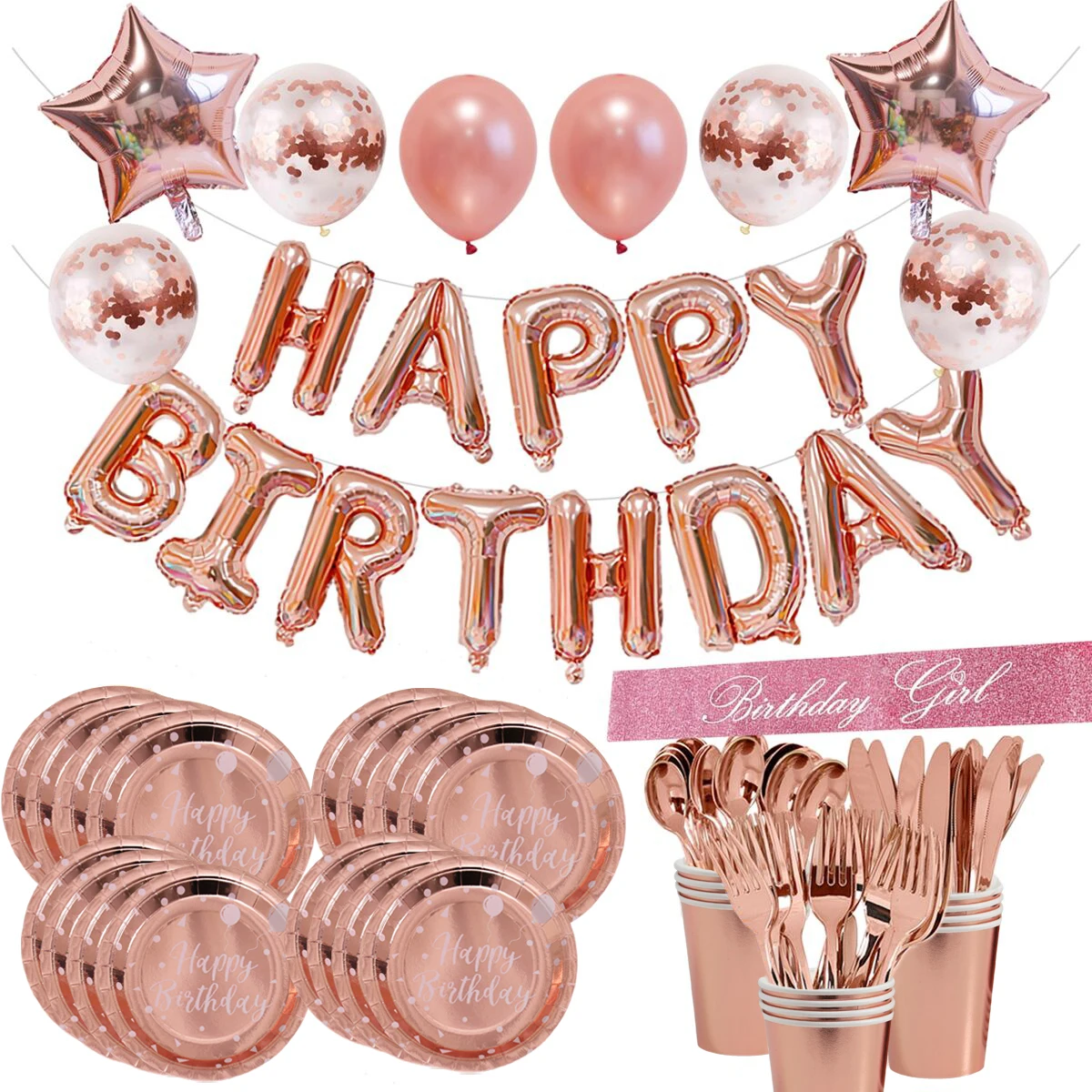 

Happy Birthday Decorations Girls Rose Gold balloon Disposable Tableware Baby Shower One Year 1st Birthday Party Decorations