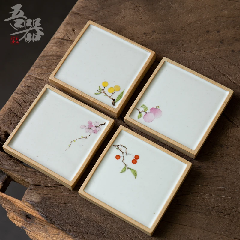 

Ceramic Hand painted Tea Cup Mat Small Flower And Fruit Heat Insulation Bottom Tray Kung Ceremony Accessories خشب البامبو