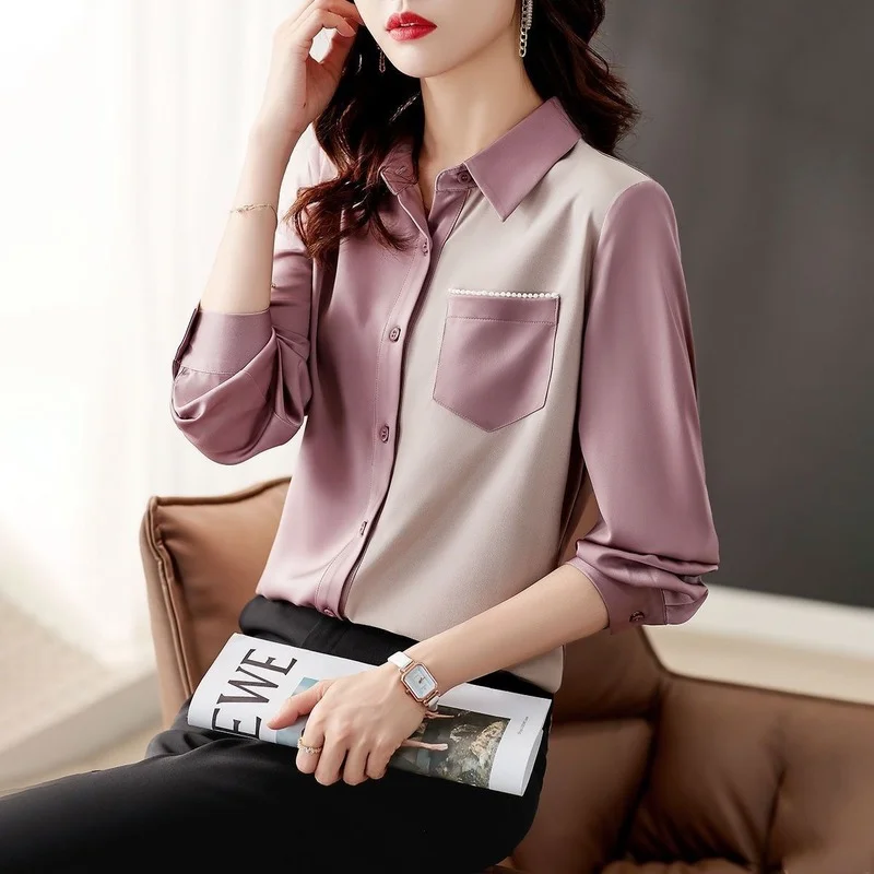 

Women Spring Autumn Style Office Lady Shirt Lady Patchwork Long Sleeve Shirts Turn-down Collar Blouses Blusas Tops J46
