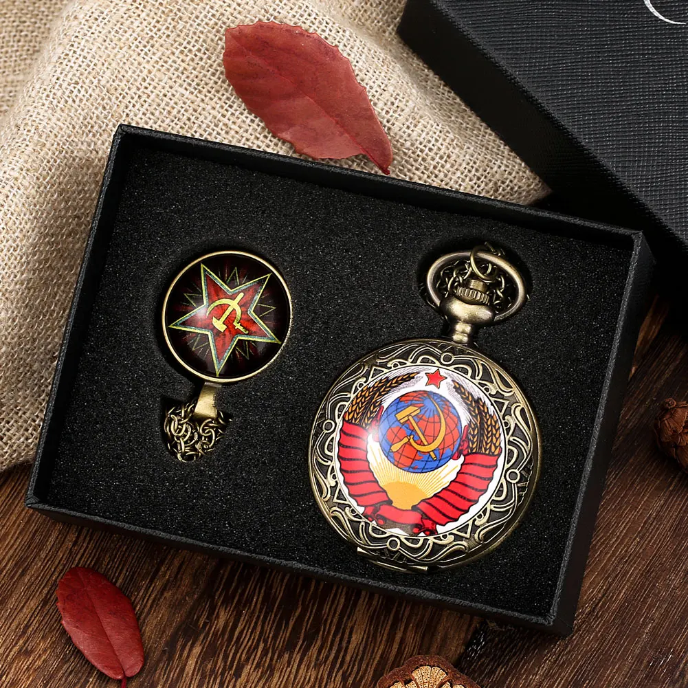 2PCS USSR Vintage Pocket Watch Quartz Red Communist Soviet Union Necklace Pendant Souvenir Gift Set for Men Карманные часы