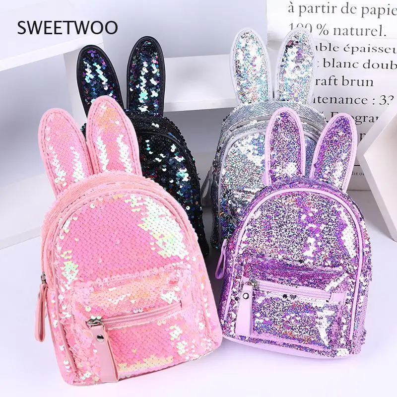 Children's Backpack Small Bag Fashion Sequin School Bags Girls Backpacks Cute Rabbit Ears Zipper Kids Backpacks Shoulder Bags