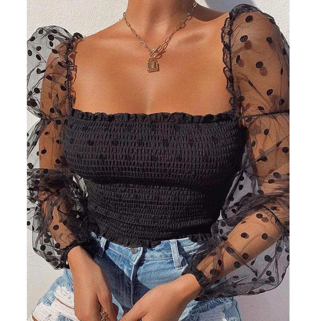 SAGACE Womens Tops Sexy Off-shoulder Solid Slim Party Stylish Wrinkled Backless Patchwork Puff Sleeve Fashion Ladies | Женская одежда