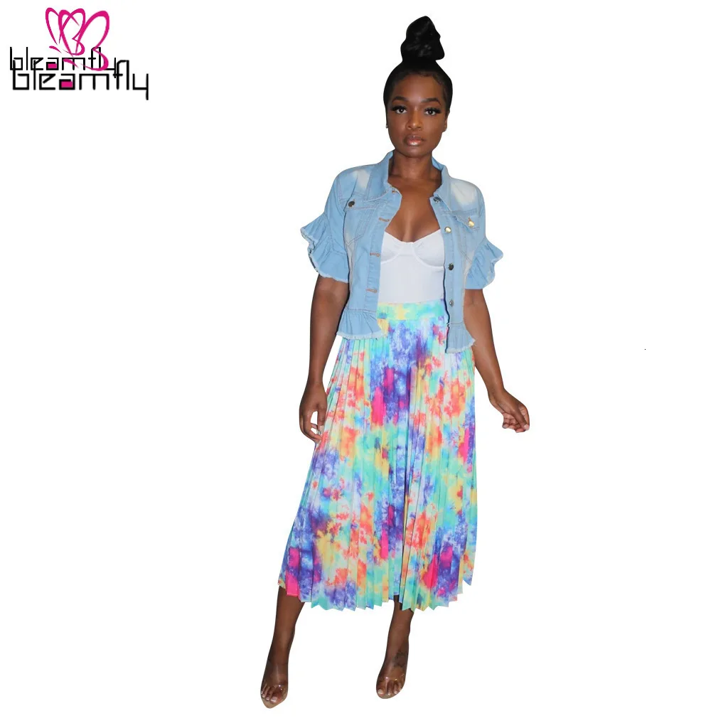 Женская летняя и осенняя плиссированная юбка до середины голени с принтом