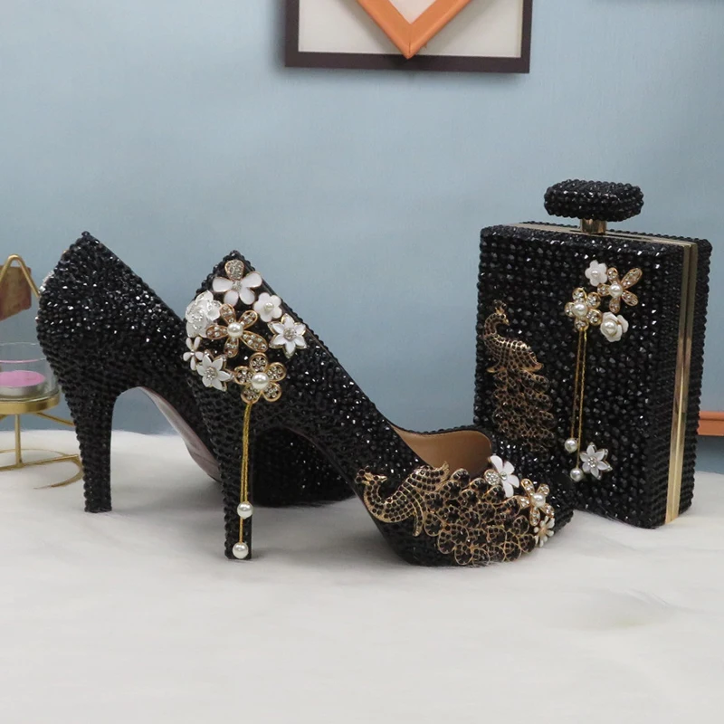 BaoYaFang Open Toe Black crystal Peacock Party Dress Wedding shoes Bride woman High heel platform shoes Ladies Female Pumps