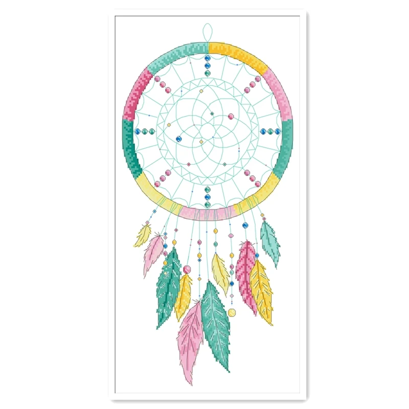 Набор для вышивки Ловец снов крестиком из белого хлопка и шелка с перьями 18/14/11