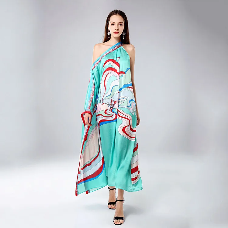 blue wave floral chiffon inclined shoulder maxi dress women robe 20 summer long casual beach sexy loose dresses plus size