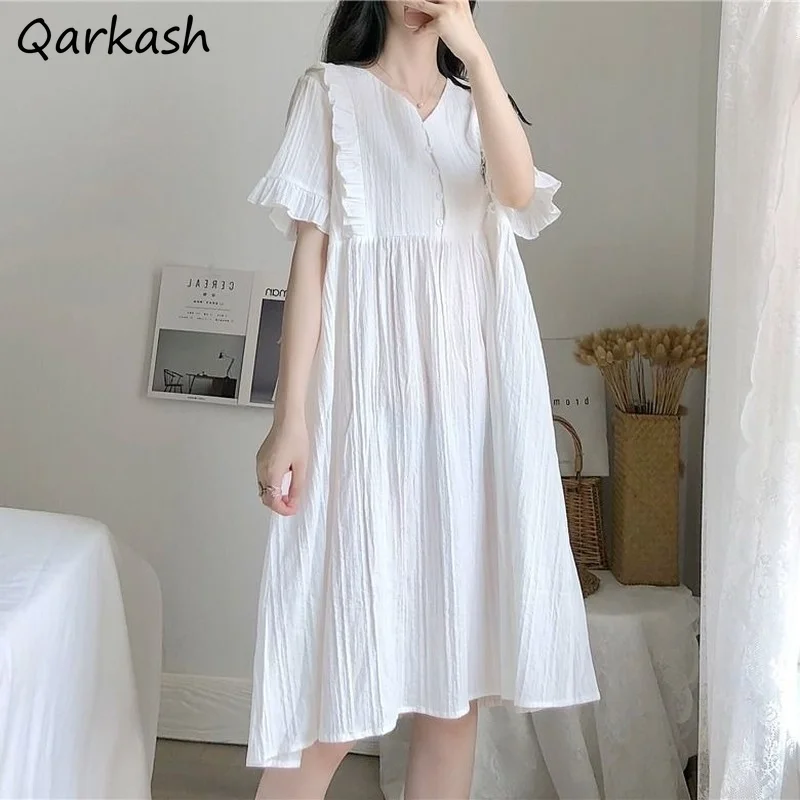 

Nightgowns Women Loose Sweet Simple Buttons Female Daily Lovely Homewear Puff Sleeve Mid-calf Comfortable Princess Summer Night