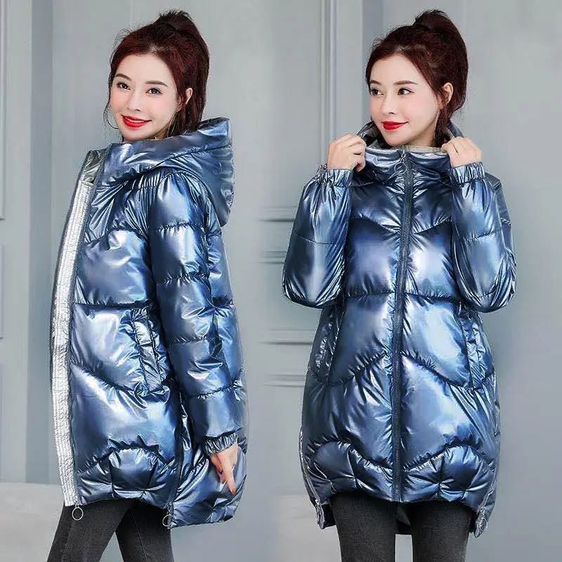 2021 New Winter Jacket Parkas Women Glossy Down Cotton Jacket Hooded Parka Warm Female Cotton Padded Jacket Casual Outwear