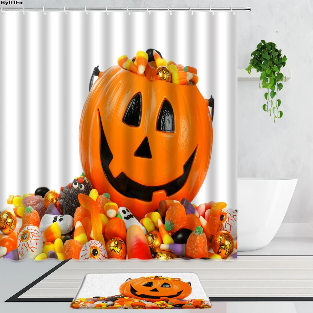 

Halloween Shower Curtains Funny Pumpkin Elf Children Holiday Gift Decoration Background Bathroom Curtain Anti-Slip Carpet Mats