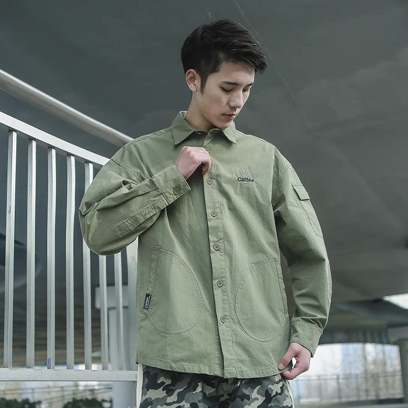 Однотонная уличная Мужская рубашка куртка хип-хоп с длинными рукавами карманами