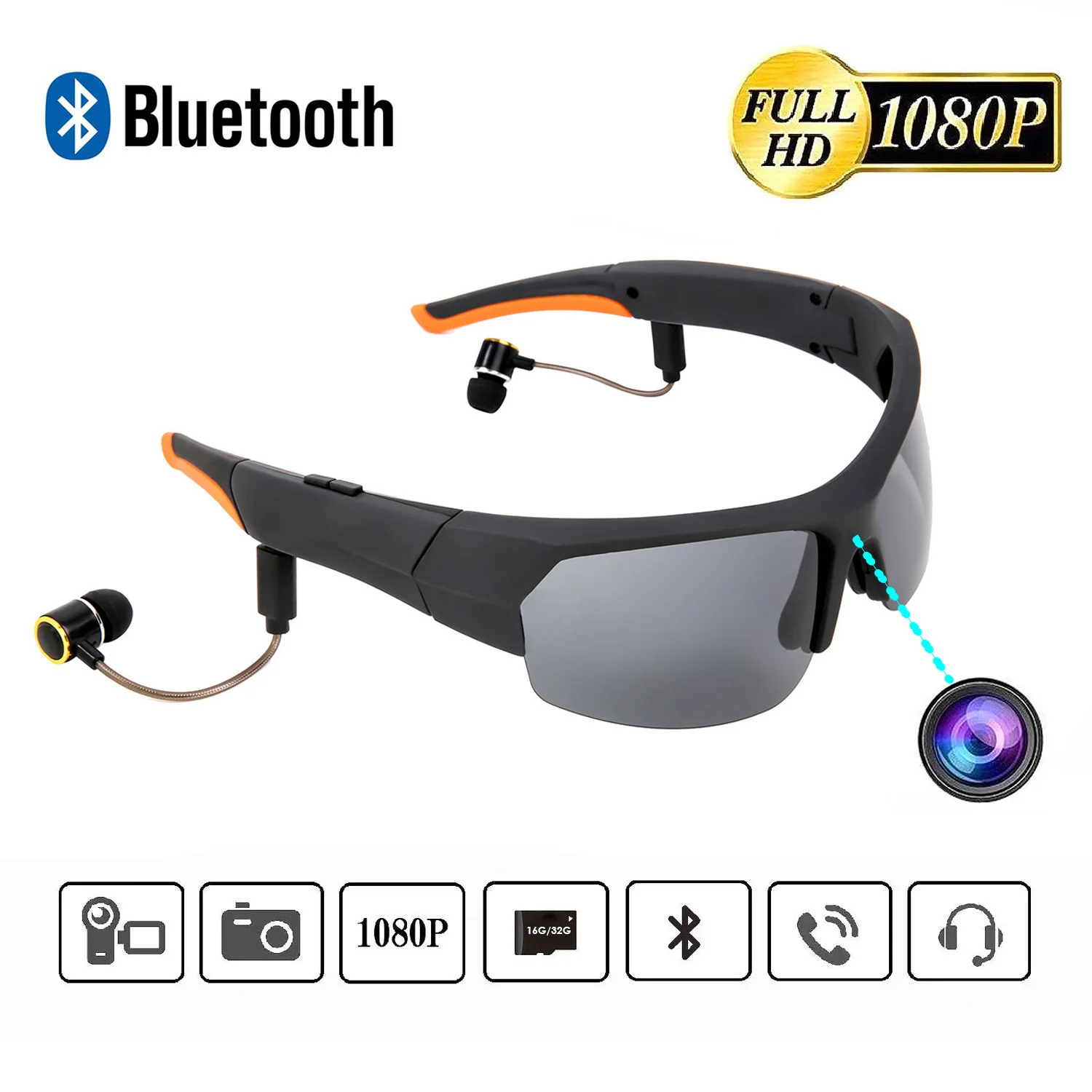 저렴한 2020 새로운 블루투스 HD 카메라 선글라스 헤드셋, 내장 32GB 메모리 1080P 블루투스 MP3 플레이어 사진 비디오 레코더 스포츠