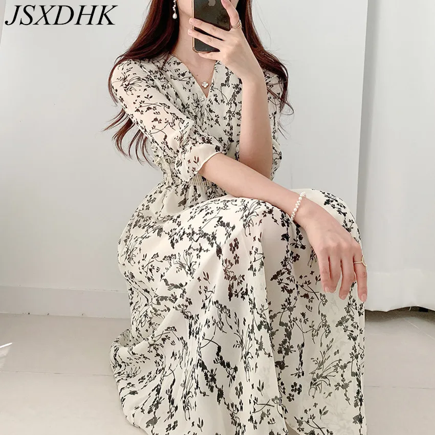 

Шикарное корейское летнее шифоновое платье JSXDHK, элегантные женские платья миди с V-образным вырезом, цветочным принтом и расклешенными рука...