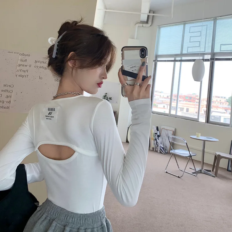 

T-shirt female hot girl sexy backless short tight-fitting long sleeve bottoming shirt 2021 spring and autumn new thin top
